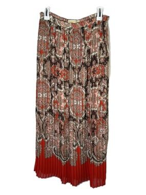 90s Michael Kors Paisley Pleated Boho Orange Print Elastic Waist Maxi Skirt XS